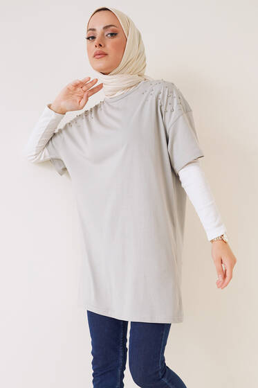 Omuzları Taşlı Tshirt Gri - Tesettür T-shirt