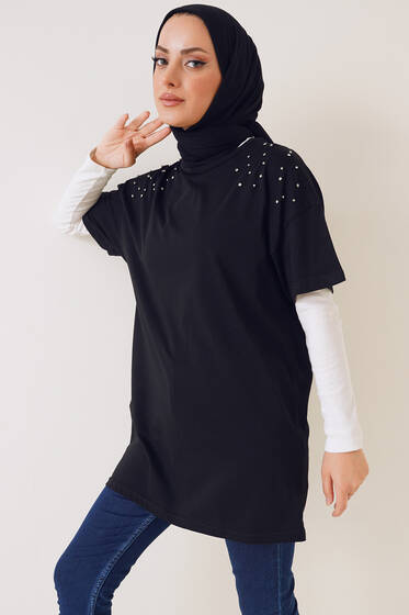 Omuzları Taşlı Tshirt Siyah - Tesettür T-shirt