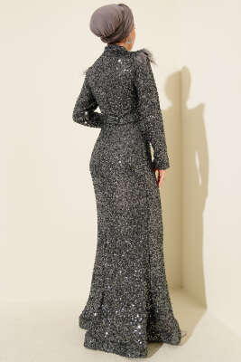 Omuzları Tüylü Pul Payet Abiye Elbise Antrasit - Elbise