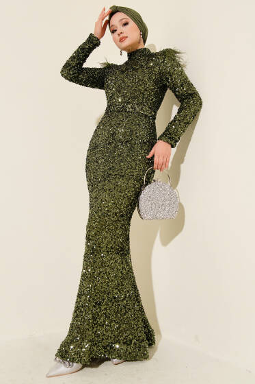 Omuzları Tüylü Pul Payet Abiye Elbise Haki - Elbise