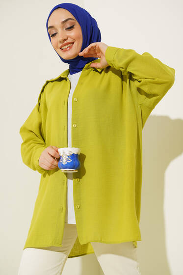 Omuzu Patlı Taşlı Gömek Yağ Yeşili - Gömlek
