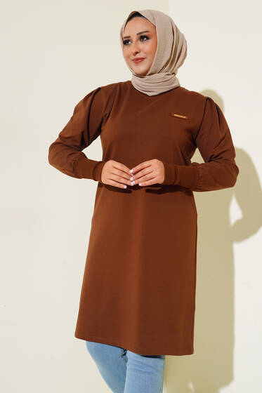 Omuzu Pileli Armalı Büyük Beden Tunik Kahve - Tunik