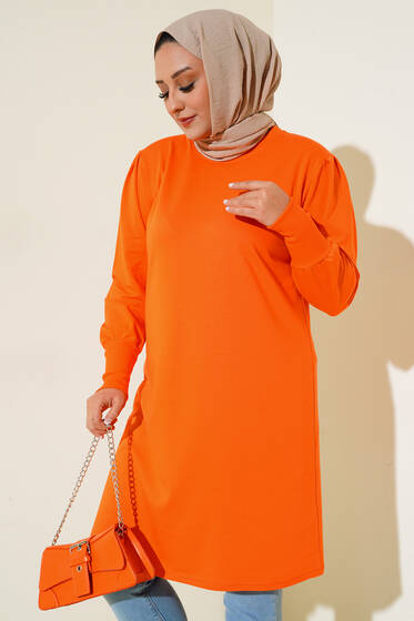 Omuzu Pileli Armalı Büyük Beden Tunik Oranj - Tunik