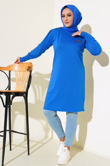 Omuzu Pileli Armalı Büyük Beden Tunik Saks - Tunik