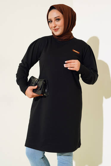 Omuzu Pileli Armalı Büyük Beden Tunik Siyah - Tunik