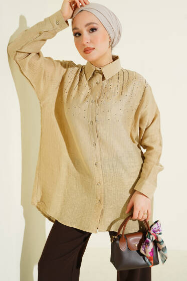 Omuzu Taş Sıralı Gömlek Bej - Gömlek