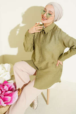 Omuzu Taş Sıralı Gömlek Çağla Yeşili - NEVA MODA