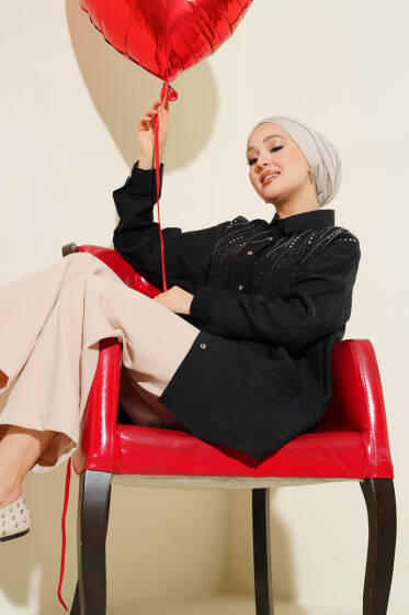 Omuzu Taş Sıralı Gömlek Siyah - Gömlek