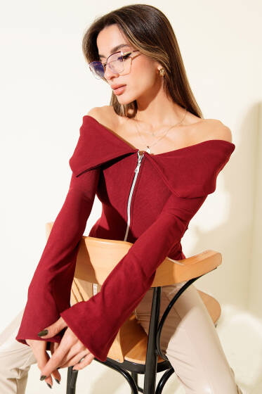 Omzu Açık Fermuarlı Bluz Bordo - Yılın Fırsatı