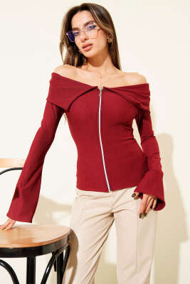 Omzu Açık Fermuarlı Bluz Bordo - Yılın Fırsatı