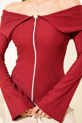 Omzu Açık Fermuarlı Bluz Bordo - Yılın Fırsatı