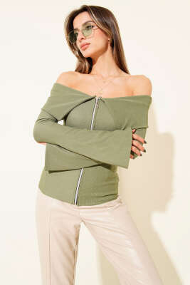 Omzu Açık Fermuarlı Bluz Çağla Yeşili - Yılın Fırsatı