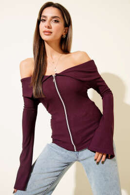 Omzu Açık Fermuarlı Bluz Mürdüm - Yılın Fırsatı