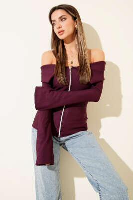 Omzu Açık Fermuarlı Bluz Mürdüm - Yılın Fırsatı