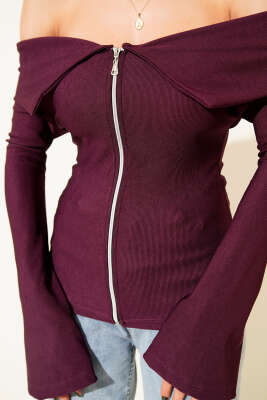 Omzu Açık Fermuarlı Bluz Mürdüm - Yılın Fırsatı