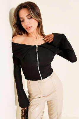 Omzu Açık Fermuarlı Bluz Siyah - Yılın Fırsatı