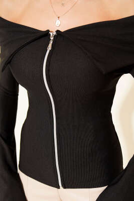 Omzu Açık Fermuarlı Bluz Siyah - Yılın Fırsatı