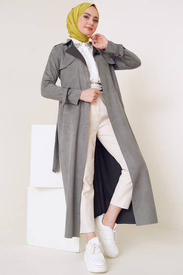 Omzu Apoletli Süet Trençkot Gri - Trençkot