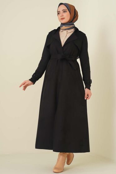 Omzu Apoletli Süet Trençkot Siyah - Trençkot