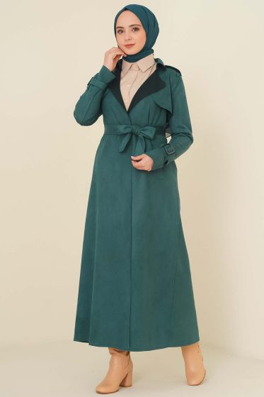Omzu Apoletli Süet Trençkot Zümrüt Yeşili - Trençkot