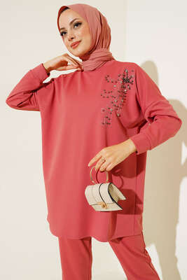 Omzu Parlak Taşlı İkili Takım Gül Kurusu - Tesettür Elbise