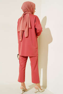 Omzu Parlak Taşlı İkili Takım Gül Kurusu - Tesettür Elbise