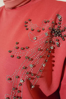 Omzu Parlak Taşlı İkili Takım Gül Kurusu - Tesettür Elbise