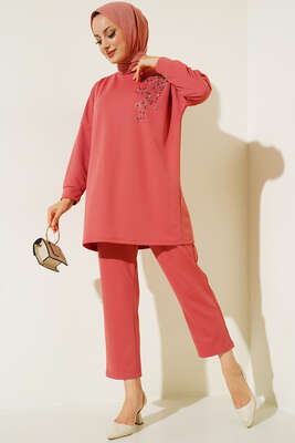 Omzu Parlak Taşlı İkili Takım Gül Kurusu 