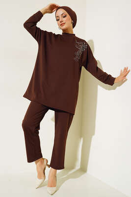 Omzu Parlak Taşlı İkili Takım Kahve 