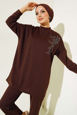 Omzu Parlak Taşlı İkili Takım Kahve - Tesettür Elbise