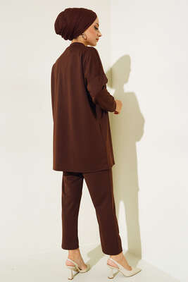 Omzu Parlak Taşlı İkili Takım Kahve - Tesettür Elbise