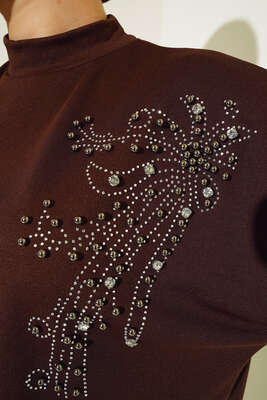 Omzu Parlak Taşlı İkili Takım Kahve - Tesettür Elbise