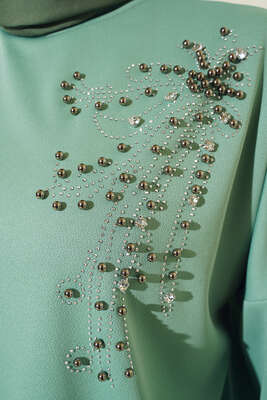 Omzu Parlak Taşlı İkili Takım Mint - Tesettür Elbise