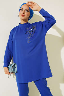 Omzu Parlak Taşlı İkili Takım Saks - Tesettür Elbise