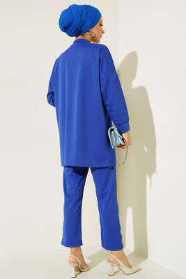 Omzu Parlak Taşlı İkili Takım Saks - Tesettür Elbise