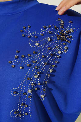 Omzu Parlak Taşlı İkili Takım Saks - Tesettür Elbise