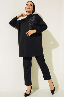 Omzu Parlak Taşlı İkili Takım Siyah 