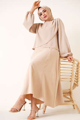 Omzu Pileli Anvelop İkili Takım Bej 