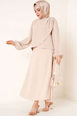 Omzu Pileli Anvelop İkili Takım Bej - İKİLİ TAKIM