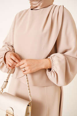 Omzu Pileli Anvelop İkili Takım Bej - İKİLİ TAKIM