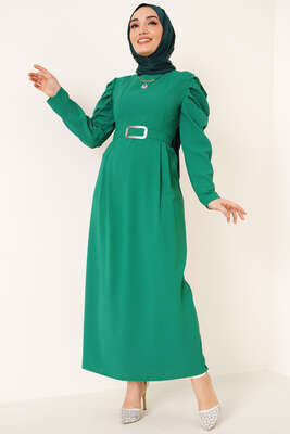 Omzu Pileli Kemerli Elbise Yeşil - Thumbnail