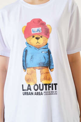 Ön Arka Ayıcık Baskılı T-shirt Beyaz - Kadın Giyim Modelleri