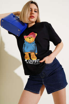 Ön Arka Ayıcık Baskılı T-shirt Siyah 
