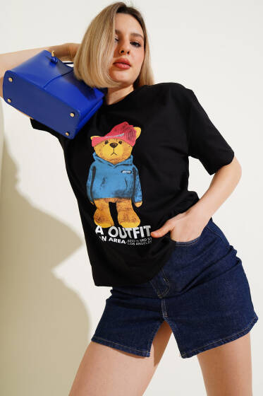 Ön Arka Ayıcık Baskılı T-shirt Siyah - Kadın Giyim Modelleri