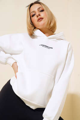 Ön Arka Baskılı Kapüşonlu Sweatshirt Ekru 