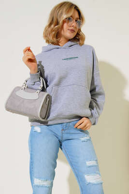 Ön Arka Baskılı Kapüşonlu Sweatshirt Gri - Kadın Giyim Modelleri