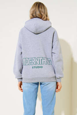 Ön Arka Baskılı Kapüşonlu Sweatshirt Gri - Kadın Giyim Modelleri