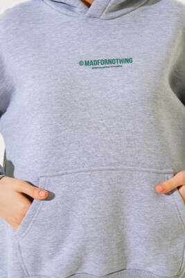 Ön Arka Baskılı Kapüşonlu Sweatshirt Gri - Kadın Giyim Modelleri