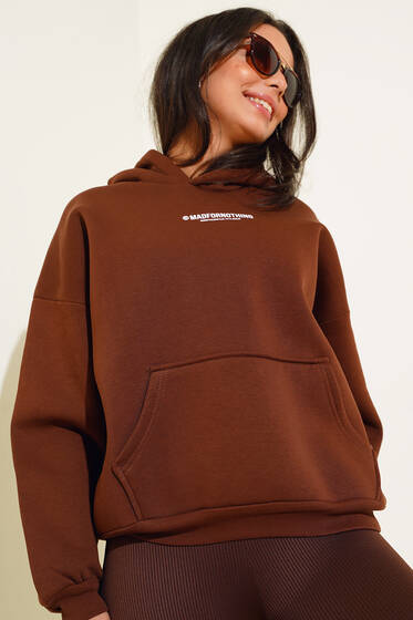 Ön Arka Baskılı Kapüşonlu Sweatshirt Kahve - Kadın Giyim Modelleri
