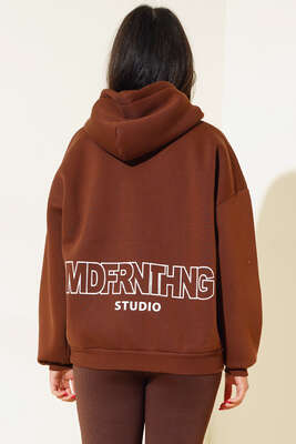 Ön Arka Baskılı Kapüşonlu Sweatshirt Kahve - Kadın Giyim Modelleri